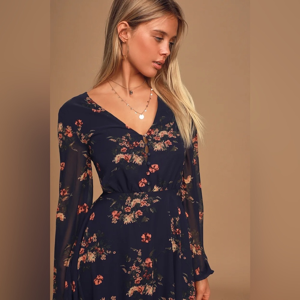 Lulus Always Yours Navy Floral Chiffon Skater Dress Long Sleeve XXS V-Neck Mini - Picture 2 of 7